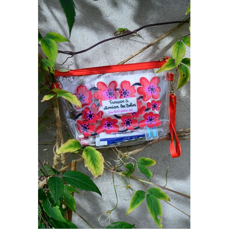 Trousse trasparente e impermeabile con chiusura zip, decorata con fiori rossi